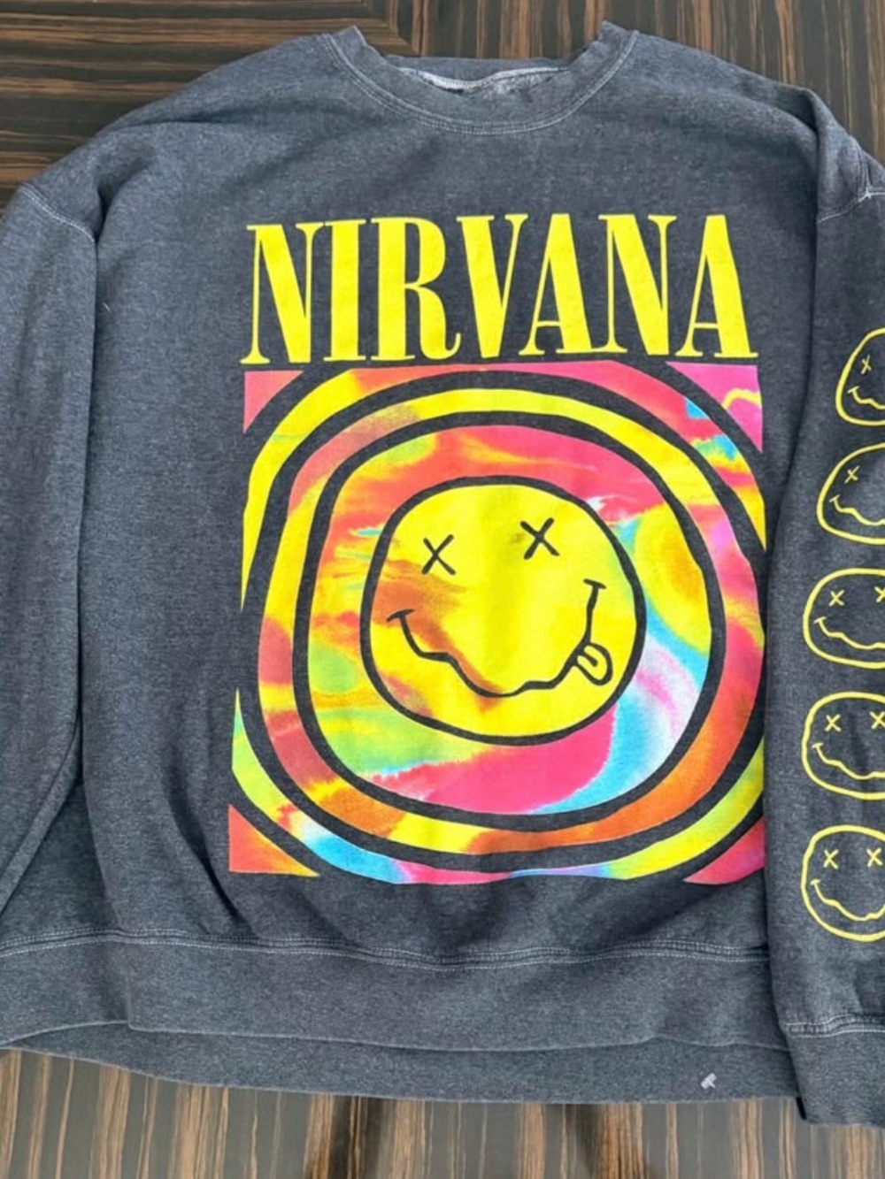 NIRVANA Charcoal Crewneck with Neon Tie-Dye Smiley Print